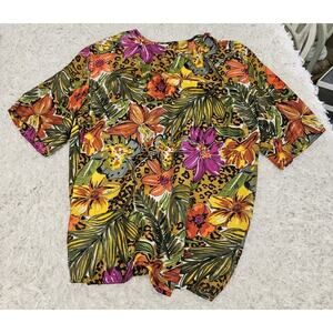 Vtg TESS 100% Silk Blouse M Tropical Floral Cheetah Animal Print Short Sleeve